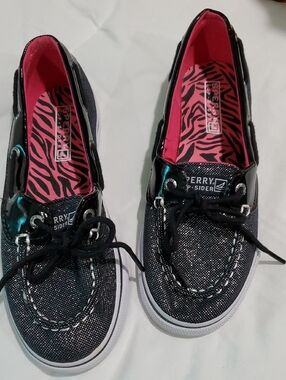 Girl's Sperry Sparkly Black Canvas Boat Shoes with Pink Zebra Insole Size 4